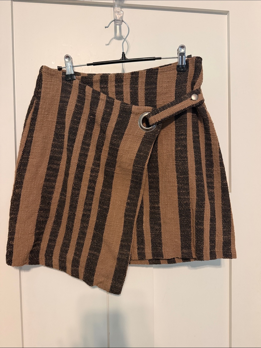 Free People It’s a Wrap 100% Cotton Brown and Black Striped Wrap Mini Skirt